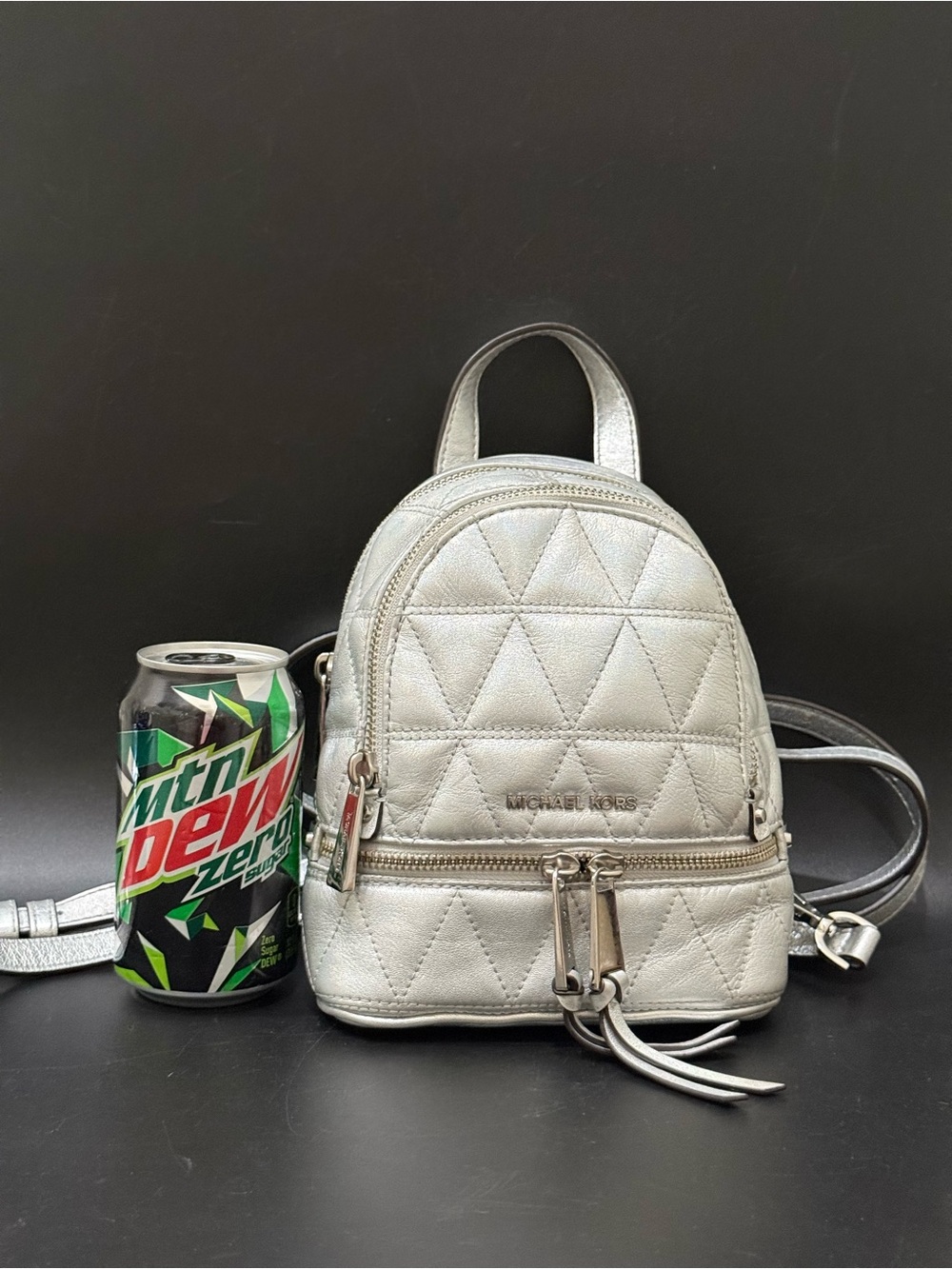 MICHAEL KORS Rhea Mini Silver Metallic Quilted Leather Mini Backpack
EUC - Picture 8 of 16